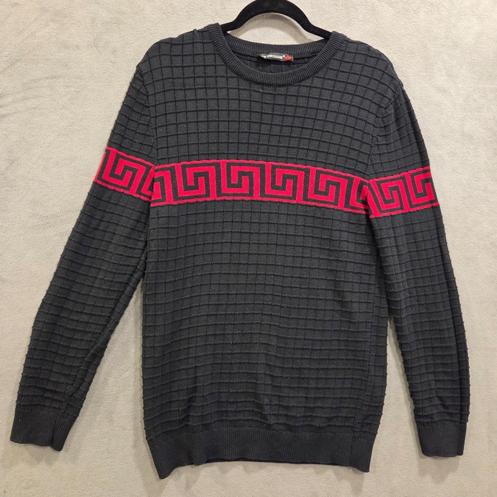 TM Exposure Textured‎ Greek Key Meander Knit Sweater Mens Size Large Waffle Knit